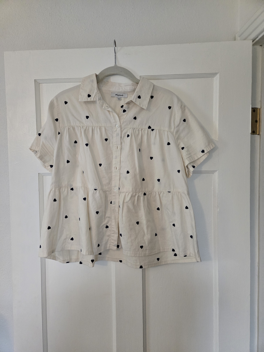 Cream Button-Up Blouse with Navy Heart Print